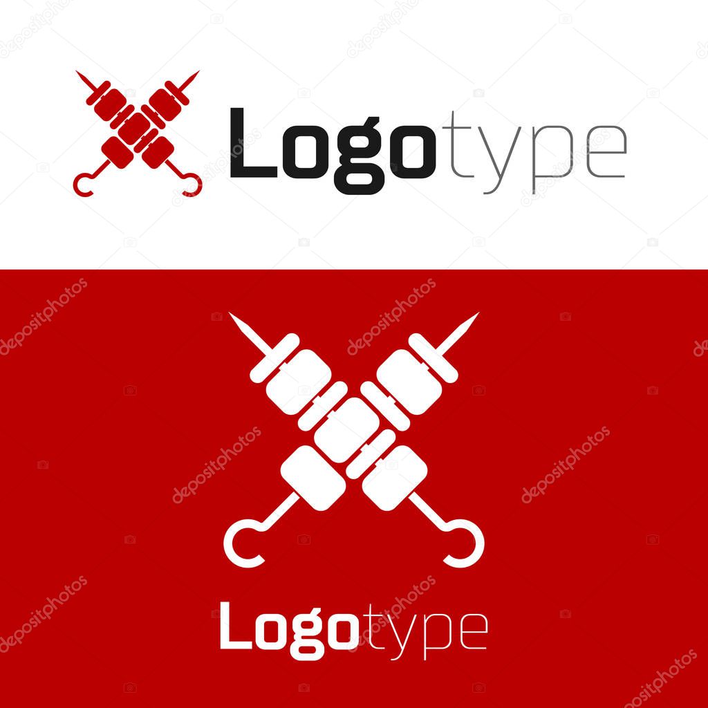 Red Crossed grilled shish kebab on skewers stick icon isolated on white background. Meat kebab on skewers stick. Picnic with grill meat. Logo design template element. Vector Illustration