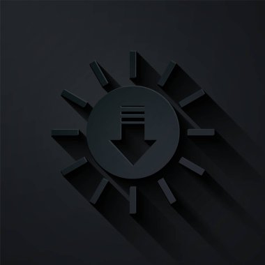 Kağıt kesimi Sunset simgesi siyah arkaplanda izole edildi. Kağıt sanatı tarzı. Vektör İllüstrasyonu