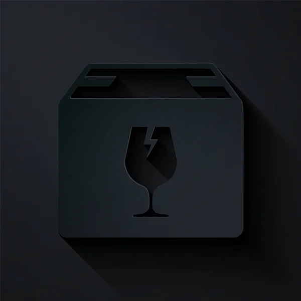 Scatola di imballaggio con contenuto fragile simbolo di icona di vetro rotto isolato su sfondo nero. Scatola, pacco, cartello del pacco. Stile cartaceo. Illustrazione vettoriale — Vettoriale Stock