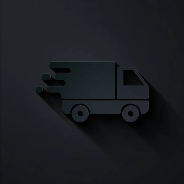 Cięcie papieru Dostawa ciężarówki w ikonie ruchu izolowane na czarnym tle. Szybka dostawa ciężarówki. Papier w stylu sztuki. Ilustracja wektora — Wektor stockowy