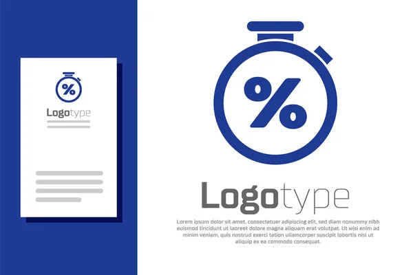 Blue Stopwatch e ícone de desconto percentual isolado no fundo branco. Sinal do temporizador. Elemento de modelo de design de logotipo. Ilustração vetorial — Vetor de Stock