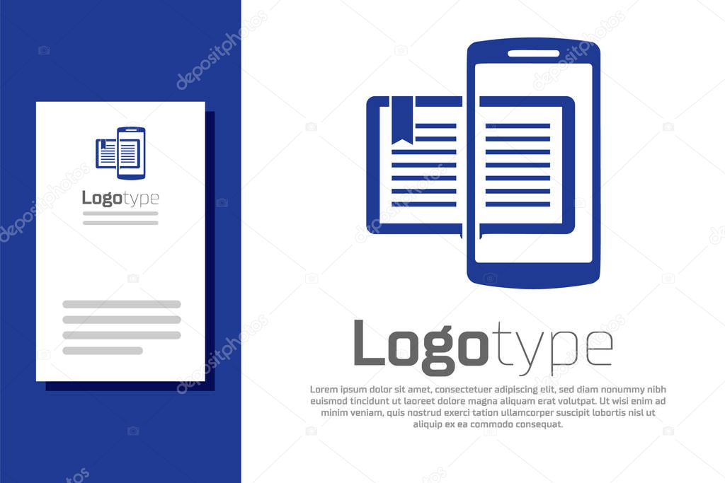 Blue Smartphone and book icon isolated on white background. Online learning or e-learning concept. Logo design template element. Vector Illustration