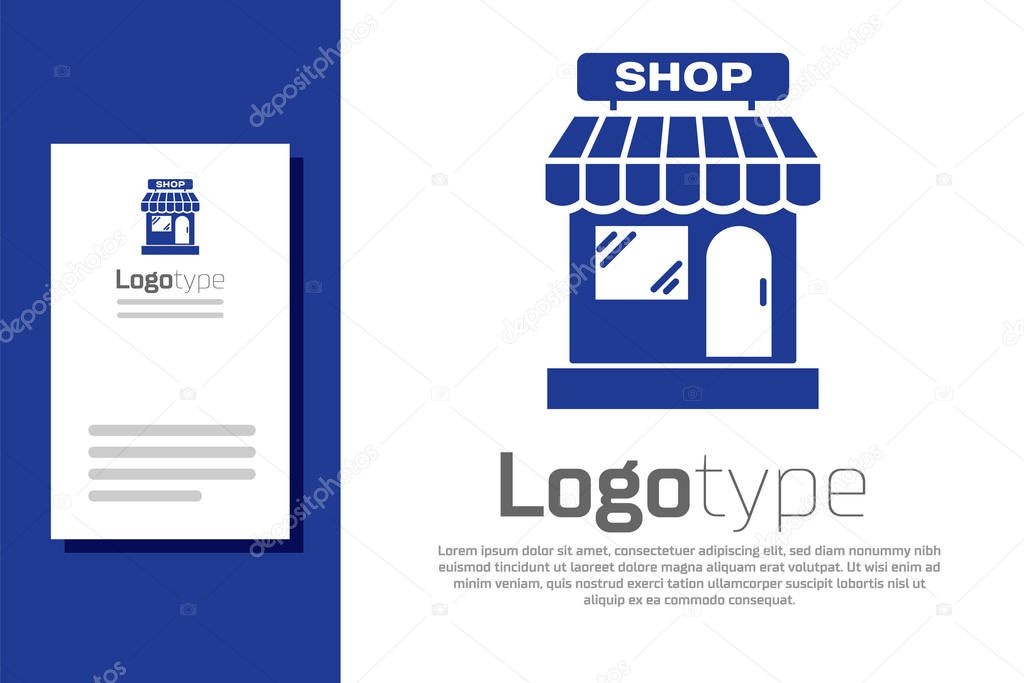 Blue Shopping building or market store icon isolated on white background. Shop construction. Logo design template element. Vector Illustration