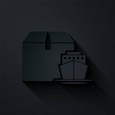 Kağıt kesikli kargo gemisi, siyah arka planda izole edilmiş kutu teslimat servis simgesi. Teslimat, ulaşım. Paketleri, kutuları, malları olan bir şilep. Kağıt sanatı tarzı. Vektör İllüstrasyonu