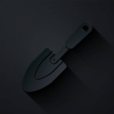 Kağıt kesiği bahçe küreği ya da siyah arkaplanda izole edilmiş kürek ikonu. Bahçe aletleri. Bahçecilik, tarım, çiftçilik aleti. Kağıt sanatı tarzı. Vektör İllüstrasyonu