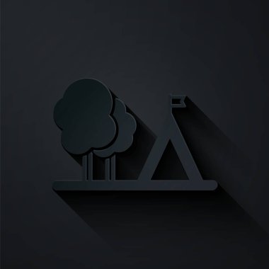 Kağıt kesikli turist çadırı. Siyah arka planda bayrak simgesi var. Kamp sembolü. Kağıt sanatı tarzı. Vektör İllüstrasyonu