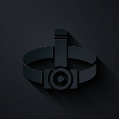 Kağıt kesikli el feneri simgesi siyah arkaplanda izole edildi. Turist el feneri. Kamp lambası. Kağıt sanatı tarzı. Vektör İllüstrasyonu