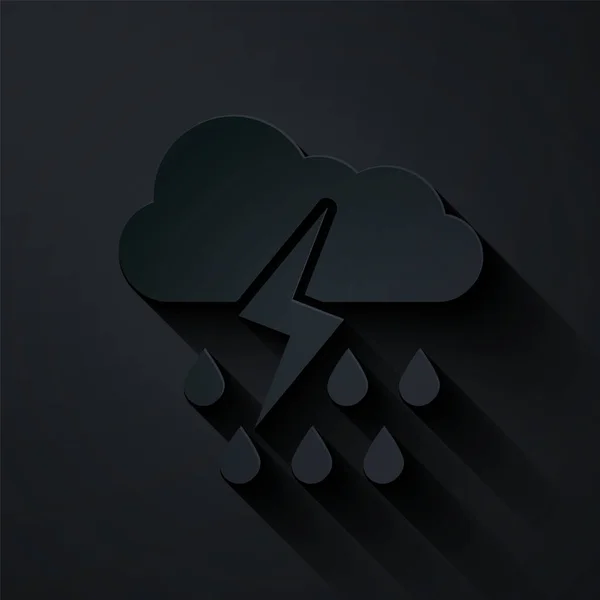 Papír střih Cloud s deštěm a blesk ikony izolované na černém pozadí. Déšť mrak srážky s kapkami deště.Počasí ikona bouře. Papírový styl. Vektorová ilustrace — Stockový vektor