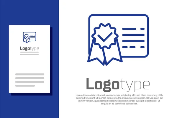 Ikona linii niebieskiego certyfikatu odizolowana na białym tle. Osiągnięcia, nagrody, dyplom, stypendium, dyplom. Certyfikat sukcesu biznesowego. Element szablonu logo. Ilustracja wektora — Wektor stockowy