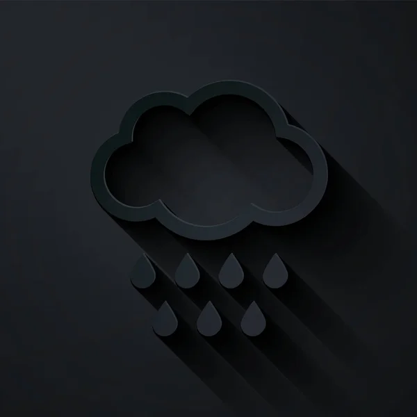 Řez papíru Cloud s ikonou deště izolované na černém pozadí. Déšť mraky srážek s kapkami deště. Papírový styl. Vektorová ilustrace — Stockový vektor
