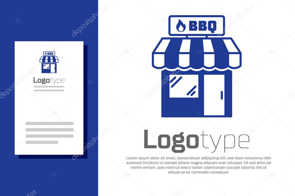 Blue Barbecue shopping building or market store icon isolated on white background. BBQ grill party. Shop construction. Logo design template element. Vector Illustration