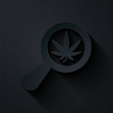 Kağıt kesiği büyüteç ve tıbbi marihuana ya da siyah arka planda izole edilmiş kenevir yaprağı ikonu. Kenevir sembolü. Kağıt sanatı tarzı. Vektör İllüstrasyonu