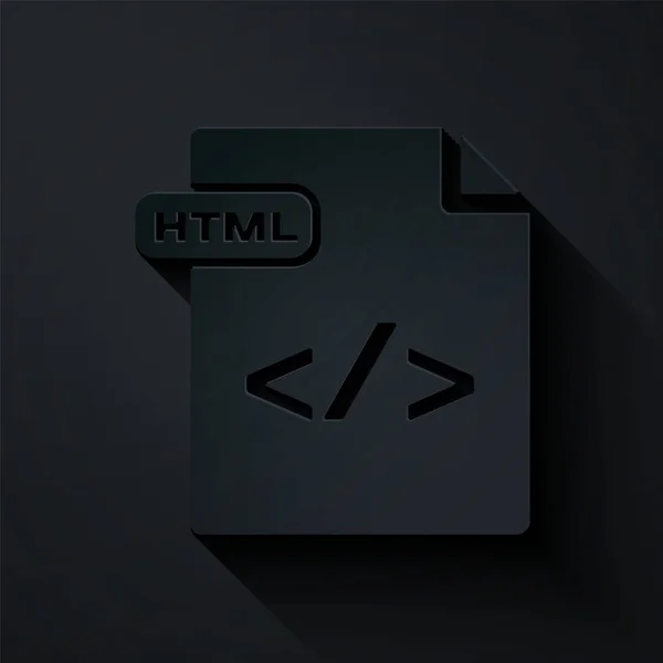 Documento de arquivo HTML cortado em papel. Baixar ícone de botão html isolado no fundo preto. Símbolo de arquivo HTML. Símbolo de linguagem de marcação. Estilo de arte de papel. Ilustração vetorial — Vetor de Stock