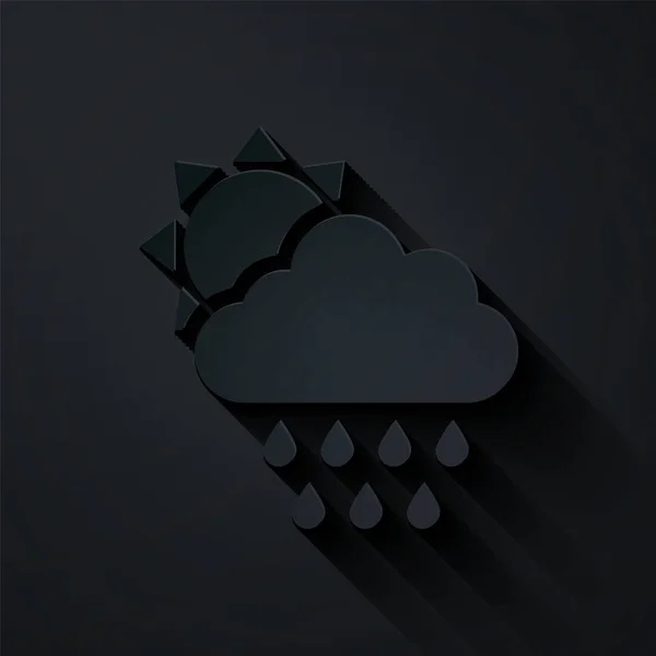 Papiergeschnittene Wolke mit Regen und Sonnensymbol isoliert auf schwarzem Hintergrund. Regenwolken Niederschlag mit Regentropfen. Papierkunst. Vektorillustration — Stockvektor