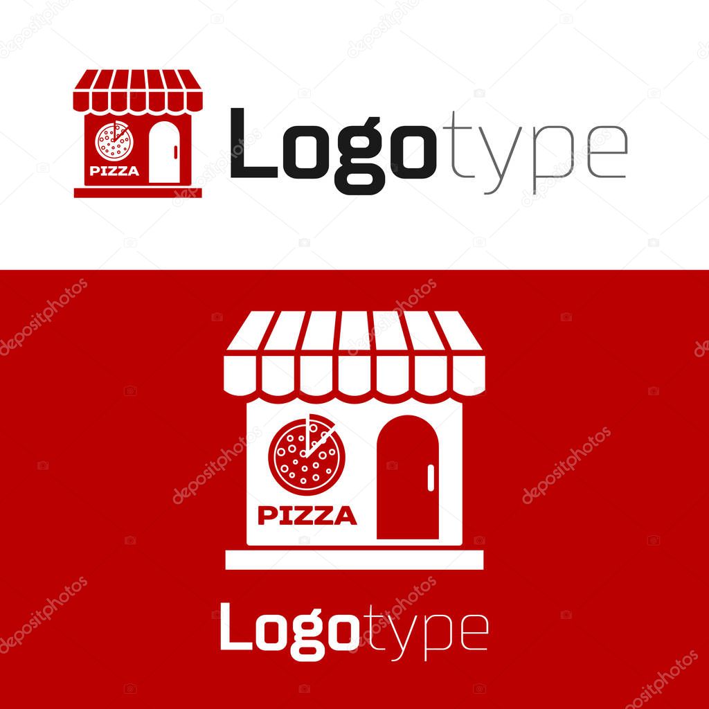 Red Pizzeria building facade icon isolated on white background. Fast food pizzeria kiosk. Logo design template element. Vector Illustration