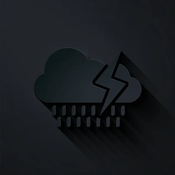 Papír střih Cloud s deštěm a blesk ikony izolované na černém pozadí. Déšť mrak srážky s kapkami deště.Počasí ikona bouře. Papírový styl. Vektorová ilustrace — Stockový vektor