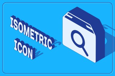 Isometric Arama paket simgesi mavi arkaplanda izole edildi. Paket izleme sembolü. Büyüteç ve karton kutu. Lojistik ve teslimat. Vektör İllüstrasyonu