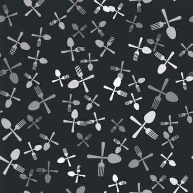 Gri çatal ve kaşık ikonu siyah arka planda izole edilmiş pürüzsüz desen. Mutfak aletleri. Çatal bıçak seti. Vektör İllüstrasyonu