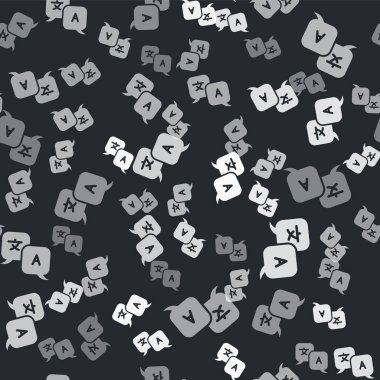 Gri Tercüman simgesi, siyah arkaplanda kusursuz desen izole etti. Sohbet balonunda yabancı dil konuşma simgeleri. Çeviri konsepti. Vektör İllüstrasyonu