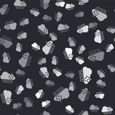 Yağmurlu ve şimşek simgeli gri bulut siyah arka planda izole edilmiş. Yağmur damlalı yağmur bulutu yağışı. Fırtına ikonu. Vektör İllüstrasyonu