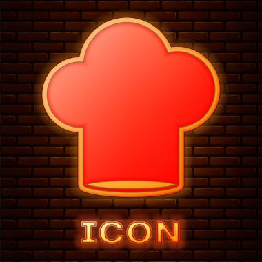 Tuğla duvar arka planda izole Neon Şef şapka simgesi parlayan. Pişirme sembolü. Aşçı şapkası. Vektör Illustration