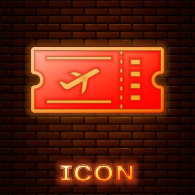 Parlayan Neon havayolu bilet simgesi tuğla duvar arka plan üzerinde izole. Uçak bileti. Vektör Illustration