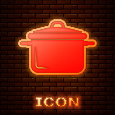 Parlayan neon tencere ikonu tuğla duvar arkasında izole edilmiş. Haşlama ya da güveç besin sembolü. Vektör İllüstrasyonu