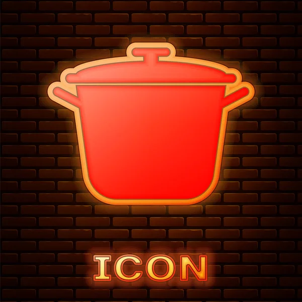 Świecący neon Gotowanie ikona garnek izolowane na tle cegły ściany. Gotować lub dusić symbol żywności. Ilustracja wektora — Wektor stockowy