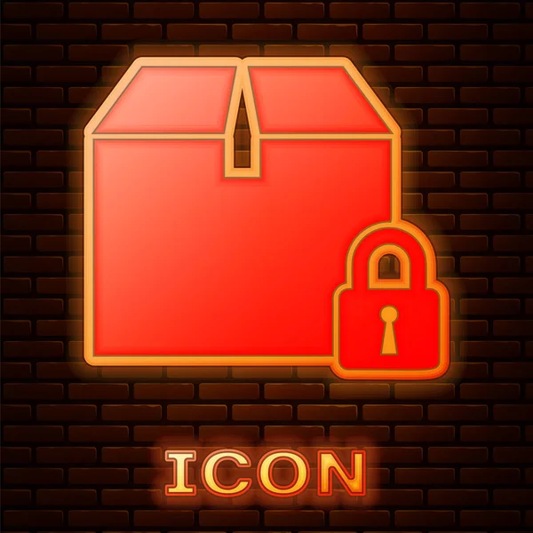 Icono de paquete bloqueado de neón brillante aislado en el fondo de la pared de ladrillo. Cerradura y caja de cartón. Ilustración vectorial — Vector de stock