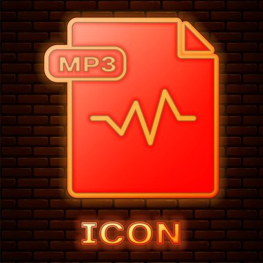 Parlayan Neon MP3 dosyası belgesi. Download MP3 düğmesi simge tuğla duvar arka planda izole. MP3 müzik formatı işareti. MP3 dosya sembolü. Vektör Illustration