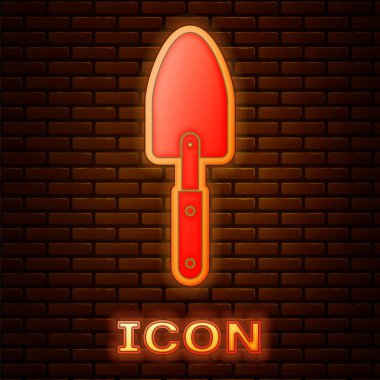 Parlayan Neon Bahçe mala Spade veya kürek simgesi tuğla duvar arka planda izole. Bahçe aracı. Bahçecilik, tarım, Tarım için araç. Vektör Illustration