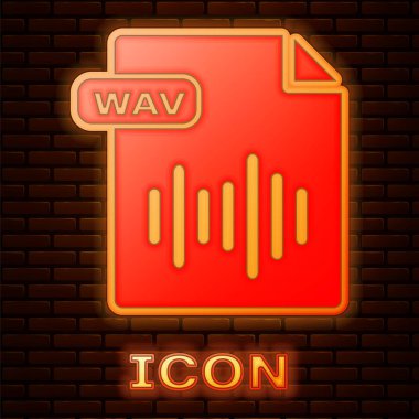 Parlayan Neon wav dosyası belgesi. İndir WAV düğmesi simge tuğla duvar arka planda izole. Dijital ses Riff dosyaları için wav dalga biçimi ses dosyası formatı. Vektör Illustration