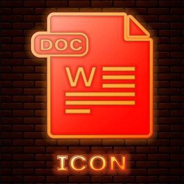 Parlayan Neon doc dosya belgesi. İndir Doc düğme simgesi tuğla duvar arka planda izole. Doc dosya uzantısı sembolü. Vektör Illustration