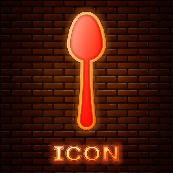 Icono de cuchara de neón brillante aislado en el fondo de la pared de ladrillo. Utensil de cocina. Signo de cubertería. Ilustración vectorial — Vector de stock