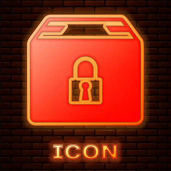 Gloeiende neon vergrendeld pakket pictogram geïsoleerd op bakstenen muur achtergrond. Slot en kartonnen doos. Vector illustratie — Stockvector