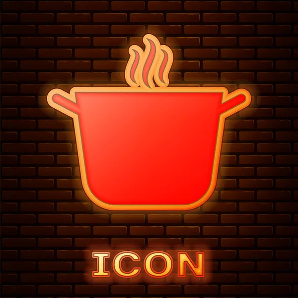 Glödande neon Matlagning potten ikon isolerad på tegel vägg bakgrund. Koka eller gryta mat symbol. Vektor Illustration — Stock vektor