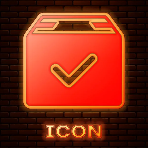 Glödande Neon packe låda med check märke ikonen isolerad på tegel mur bakgrunden. Paket box med bockmarkering. Godkänd leverans eller lyckad paket mottagning. Vektor illustration — Stock vektor
