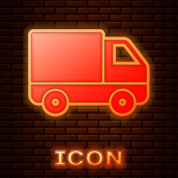 Glowing neon Delivery cargo truck vehicle icon isolated on brick wall background. Vector Illustration — Stock Vector