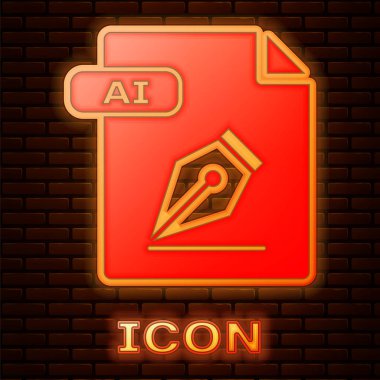 Parlayan Neon ai dosya belgesi. İndir AI düğme simge tuğla duvar arka planda izole. AI dosya sembolü. Vektör Illustration