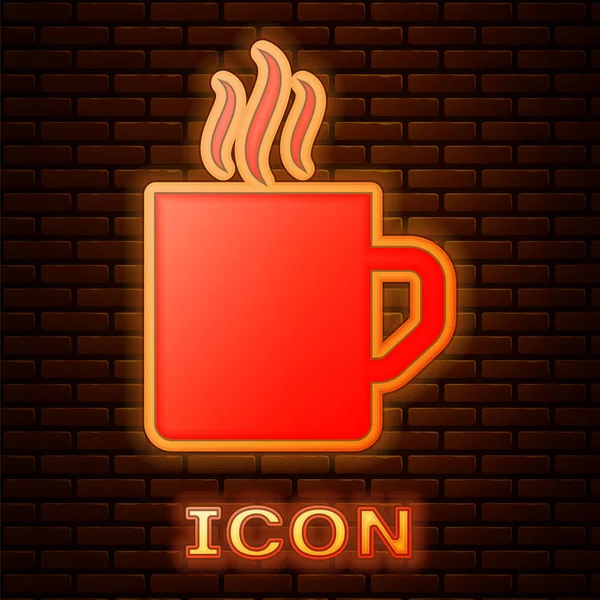 Gloeiende neon koffiekopje platte pictogram geïsoleerd op bakstenen muur achtergrond. Kopje thee. Warme drank koffie. Vectorillustratie — Stockvector