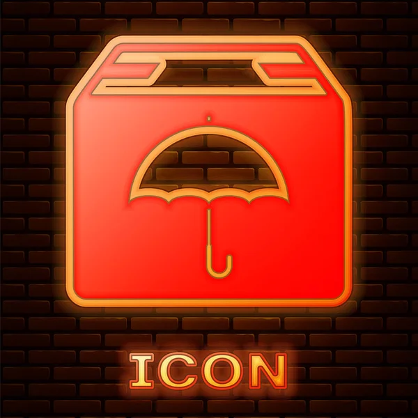 Lumineux néon Paquet de livraison avec icône symbole de parapluie isolé sur fond de mur de briques. Boîte en carton colis avec panneau parapluie. Logistique et livraison. Illustration vectorielle — Image vectorielle