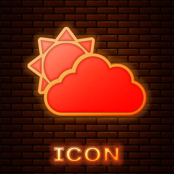 Sol de néon brilhante e ícone de tempo de nuvem isolado no fundo da parede de tijolo. Ilustração vetorial —  Vetores de Stock