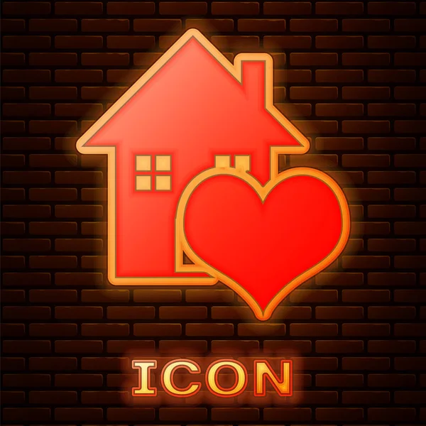 Zářící neonový dům s ikonou ve tvaru srdce izolované na cihlové zdi pozadí. Symbol domova lásky. Rodina, nemovitosti a nemovitosti. Vektorová ilustrace — Stockový vektor