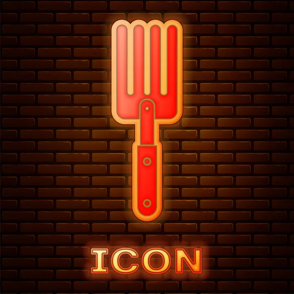 Glowing neon Garden fork icon isolated on brick wall background. Pitchfork icon. Tool for horticulture, agriculture, farming. Vector Illustration — Stock Vector