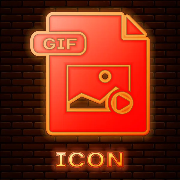 빛나는 네온 GIF 파일 문서. 벽돌 벽 배경에 격리 GIF 버튼 아이콘을 다운로드합니다. GIF 파일 기호입니다. 벡터 일러스트레이션 — 스톡 벡터