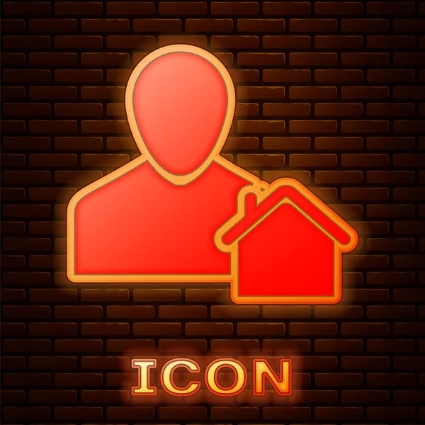Icono brillante neón Realtor aislado en el fondo de la pared de ladrillo. Comprando casa. Ilustración vectorial — Vector de stock