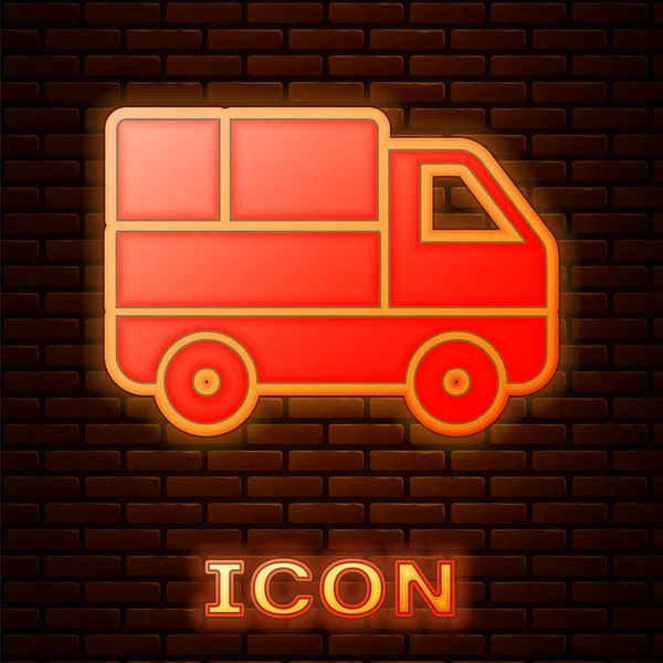 Lumineux néon Camion de livraison avec boîtes en carton derrière l'icône isolée sur fond de mur de briques. Illustration vectorielle — Image vectorielle