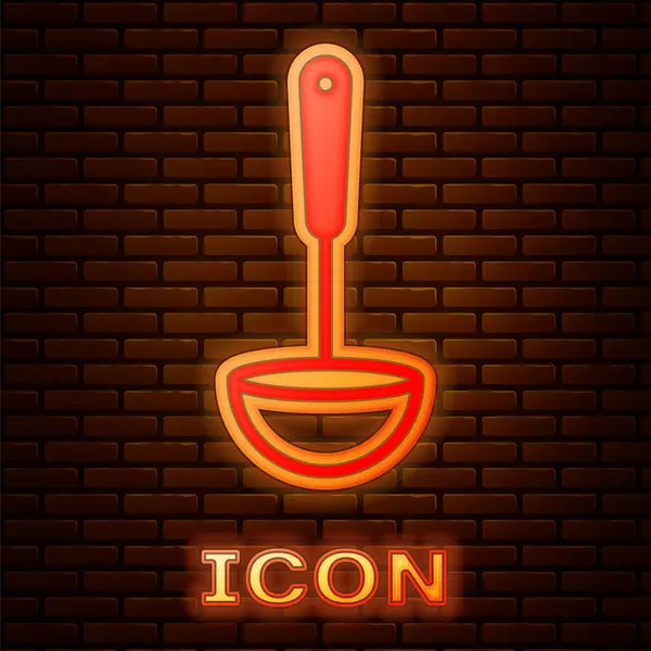 Brilhante neon ícone de concha de cozinha isolado no fundo da parede de tijolo. Utensílio de cozinha. Sinal de colher de talheres. Ilustração vetorial — Vetor de Stock