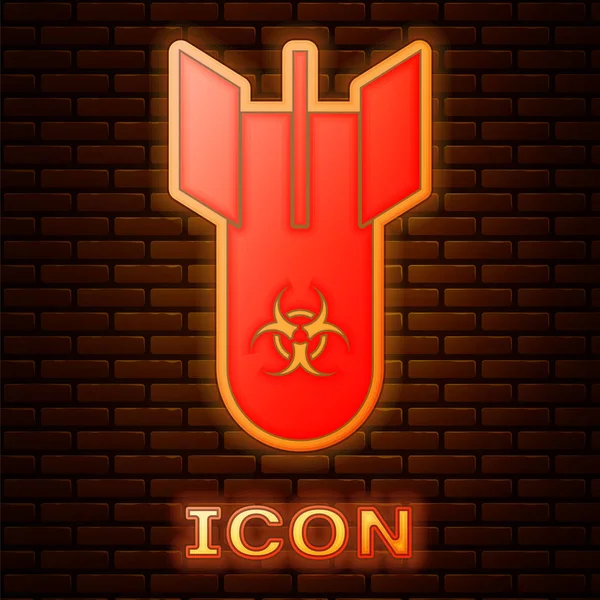 Glowing neon Biohazard bomb icon isolated on brick wall background. Rocket bomb flies down. Vector Illustration — Stock Vector