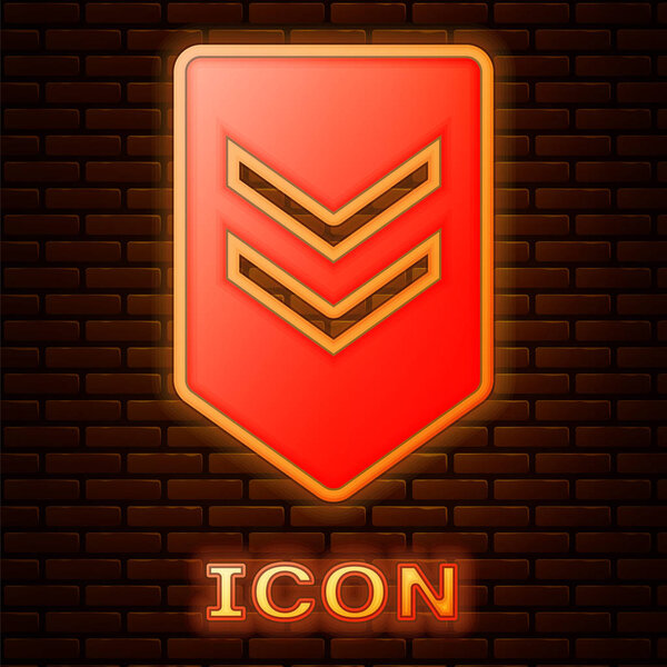 Glowing neon Chevron icon isolated on brick wall background. Military badge sign. Vector Illustration
